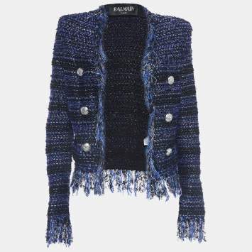 Pre Owned Balmain Blue Lurex Tweed  Fringed Open Front Jacket M