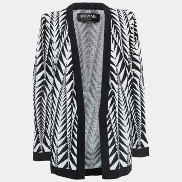 Pre Owned Balmain Black/White Patterned Knit Open Front Cardigan L