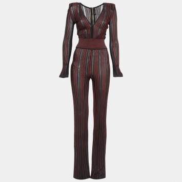 Pre Owned Balmain Black/Red Striped Stretch Sheer Jumpsuit S