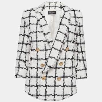 Pre Owned Balmain White/Black Checked Tweed Double Breasted Blazer S