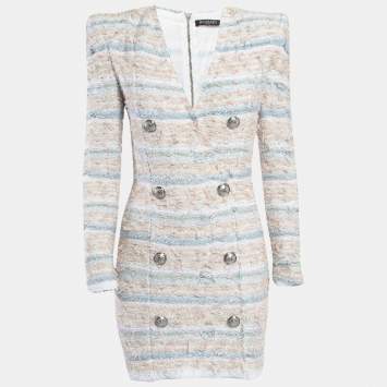 Pre Owned Balmain White/Blue Metallic Bouclé-Tweed Button-Embellished Mini Dress M