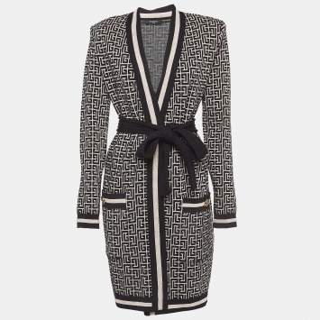 Pre Owned Balmain Black Monogram Jacquard Knit Belted Cardigan S