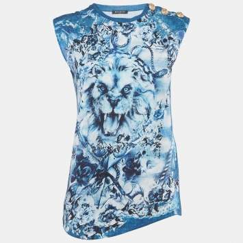 Pre Owned Balmain Blue Lion Print Knit Button Embellished Tank Top M
