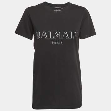 Pre Owned Balmain Black Logo Print Cotton Crew Neck T-Shirt S