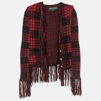 Pre Owned Balmain Red/Black Tartan Wool Fringed Open Front Blazer S  