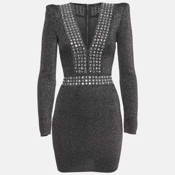 Pre Owned Balmain Metallic Lurex Knit Crystal Embellished Mini Dress S