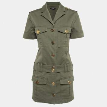 Pre Owned Balmain Military Green Gabardine Belted Shirt Dress S