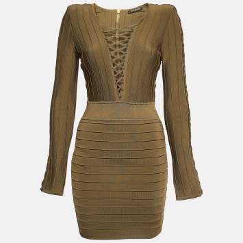 Pre Owned Balmain Olive Green Stretch Knit Lace-Up Mini Bodycon Dress S