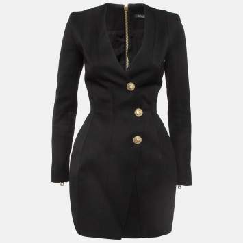 Pre Owned Balmain Black Wool Buttoned Front Long Blazer S