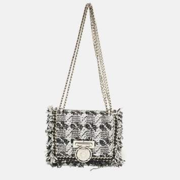 Pre Owned Balmain Silver/Black Tweed and Sequins Box Shoulder Bag
