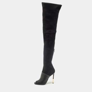 Pre Owned Balmain Black Suede Over Knee Length  Boots Size 40