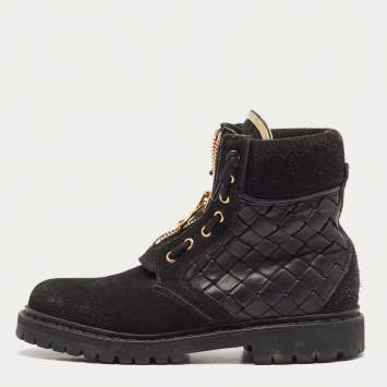 Pre Owned Balmain Black Leather and Suede Taiga Combat Boots Size 37