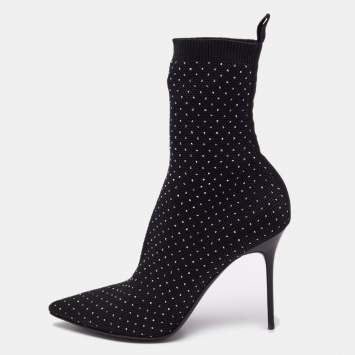 Balmain Black Knit Fabric Crystal Embellished Skye Ankle Length Boots Size 40