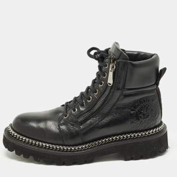 Pre Owned Balmain Size 38.5 Black Leather Chain Detail Combat Boots