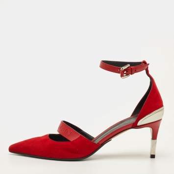 مملوكة مسبقًا Balmain Size 38 Red Suede and Leather Logo Embossed Ankle Strap Pumps