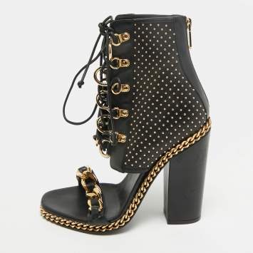 Pre Owned Balmain Size 39 Black Leather Studded Open Toe Ankle Length Boots