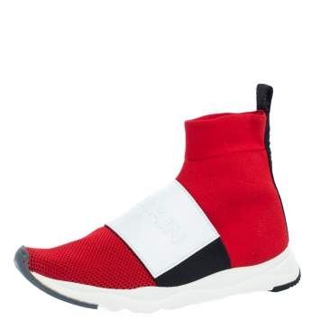 Pre Owned Balmain Red/White Stretch Knit and Leather Embossed Logo High Top Sneakers Size 36.5
