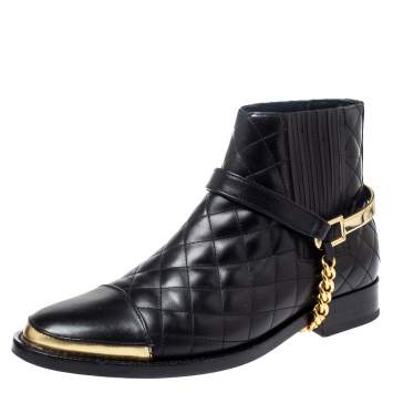 Pre Owned Balmain Black Quilted Leather Chain Details Boots Size 37.5