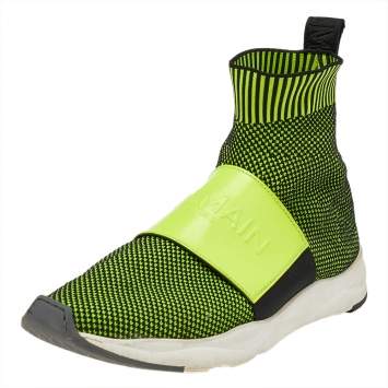 Pre Owned Balmain Black/Green Knit Fabric And Leather Cameron Running High Top Sneakers Size 40