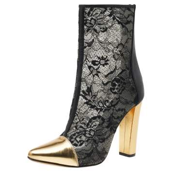 Pre Owned Balmain Black/Gold Leather And Lace Cap Toe Ankle Length Boots Size 41
