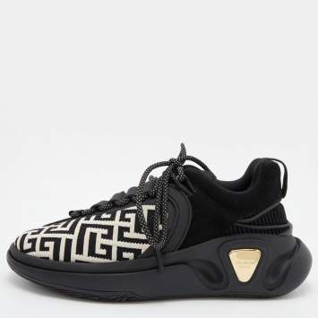 Pre Owned Balmain Black/White Monogram Fabric and Suede Lace Up Sneakers Size 38