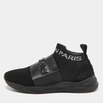 Pre Owned Balmain Black Leather and Knit Fabric High Top Sneakers Size 36