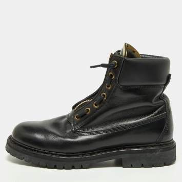 Pre Owned Balmain Black Leather Zip Front Combat Boots Size 38