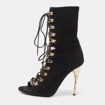 Pre Owned Balmain Black Suede Open Toe Lace Up Boots Size 36