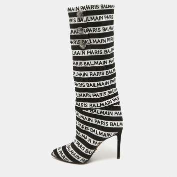 Pre Owned Balmain Black/White Canvas Knee Length Boots Size 39