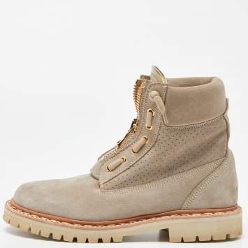 Pre Owned Balmain Grey Nubuck Leather Lace Up Combat Boots Size 36