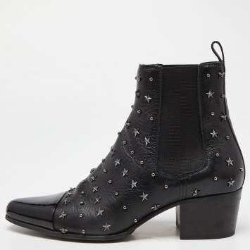 Pre Owned Balmain Black Leather and Patent Studded Ankle Boots Size 39