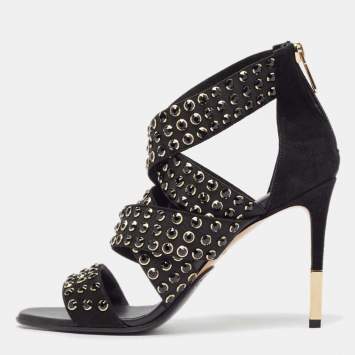 Pre Owned Balmain Black Rhinestone Embellished Sandals Size 39