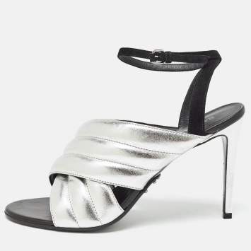 Pre Owned Balmain Silver/Black Quilted Leather and Suede Ankle Strap Sandals Size 40