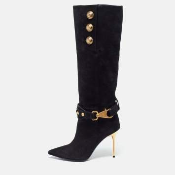 Pre Owned Balmain Black Suede Robin Embellished Knee Length Boots Size 36