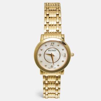 Pre Owned Balmain Elegance Chic B1690.33.84 Mother Of Pearl Diamond Gold Plated Stainless Steel Women's Wristwatch 29 mm