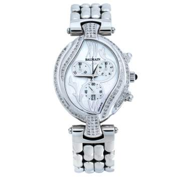 Pre Owned Balmain Mother Of Pearl Stainless Steel Diamond Excessive 5651 Women's Wristwatch 33 mm