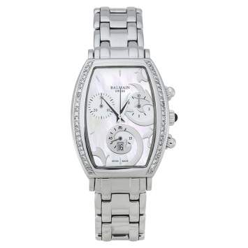 Pre Owned Balmain White Mother of Pearl Stainless Steel Arcade Chronograph Women's Wristwatch 30 mm