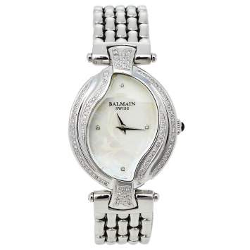 Pre Owned Balmain Mother Of Pearl Stainless Steel Diamonds Excessive 5451 Women's Wristwatch 32 mm