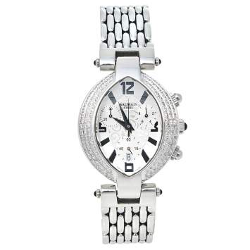 Pre Owned Balmain Silver Stainless Steel Diamond Chronograph Excessive 5831 Women's Wristwatch 32 mm