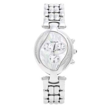 Pre Owned Balmain Mother of Pearl Stainless Steel Diamonds Excessive Chrono 5655 Women's Wristwatch 34 mm