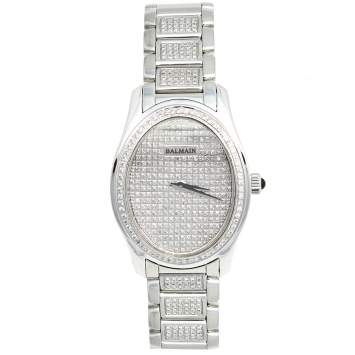 Pre Owned Balmain Silver Stainless Steel Diamond Oval 2671 Women's Wristwatch 32 mm