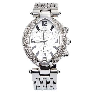 Pre Owned Balmain Silver Stainless Steel Diamond Chronograph Excessive 5831 Women's Wristwatch 32 mm