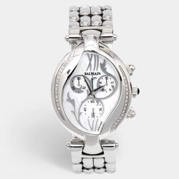 Pre Owned Balmain Mother of Pearl Stainless Steel Diamonds Excessive Chrono B5655.33.83 Women's Wristwatch 34 mm