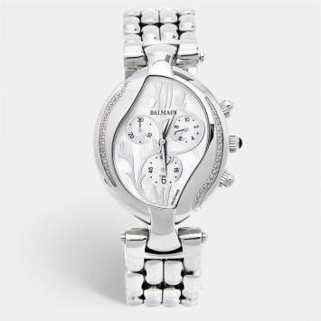 Pre Owned Balmain Mother of Pearl Stainless Steel Diamonds Excessive Chrono B5655.33.83 Women's Wristwatch 34 mm