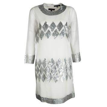 Pre Owned Barbara Bui  Off White Organza Sequin Embellished Shift Dress M