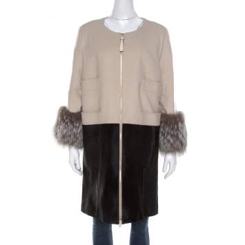 Pre Owned Barbara Bui Bicolor Cashmere Wool and Calf Hair Paneled Long Coat M