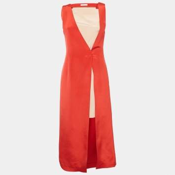 Pre Owned Barbara Casasola Red Silk Sleeveless Midi Dress S