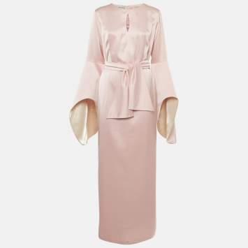 مملوكة مسبقًا Baruni Pink Satin Sleeve Detail Belted Alchemilla Maxi Dress XL