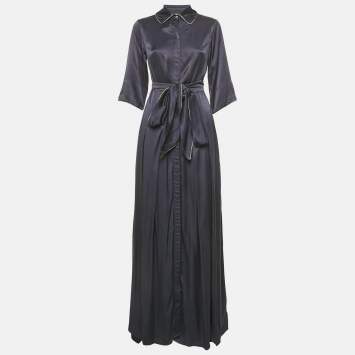 مملوكة مسبقًا Baruni Navy Blue Button Front Belted Maxi Dress S