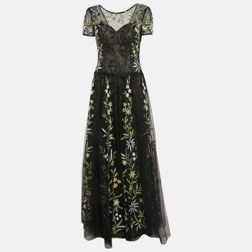 Pre Owned Basix Black Label Floral Embellished Tulle Gown M
